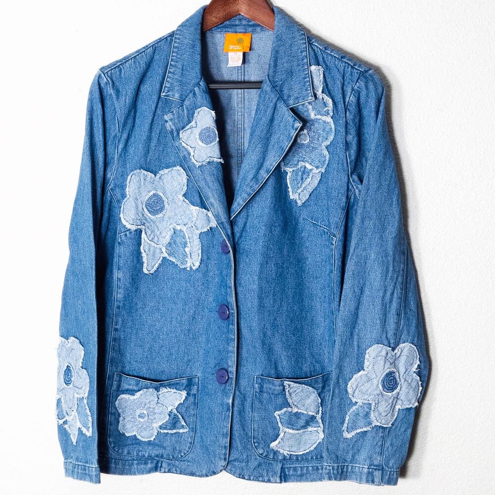 Hearts of Palm Denim Jacket Blue Size 14 Floral Applique Boho Whimsical